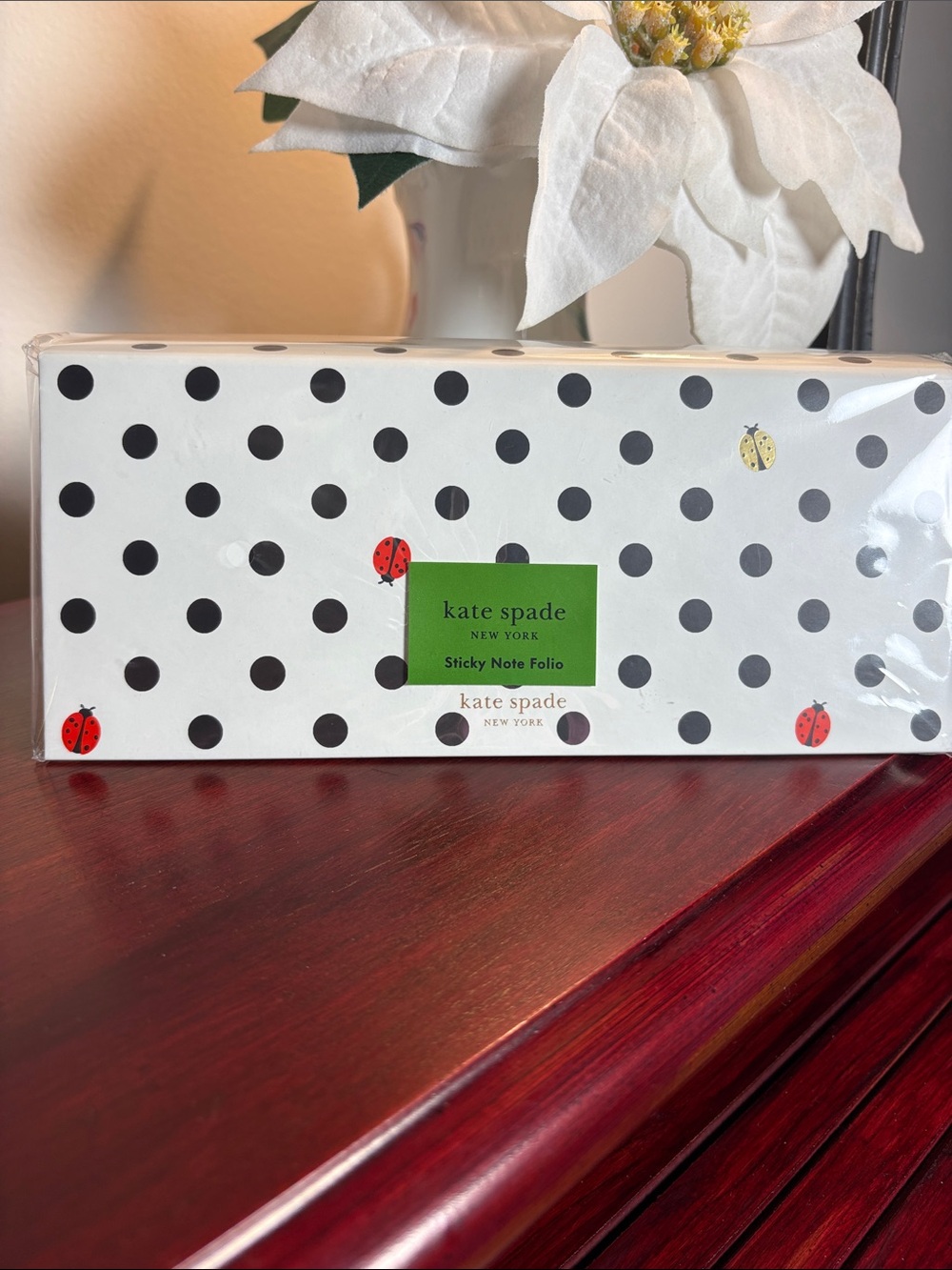 kate spade White & Black Polka Dot Sticky Note Folio with Ladybug Accents
